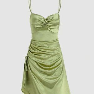 Satin Cut Out Ruched Cami Dress Green